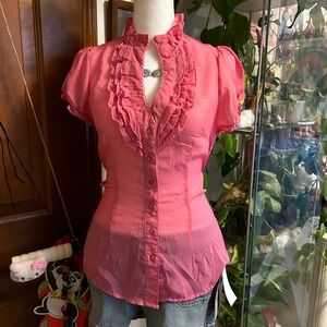 Y2K Body Central Pink Ruffle Button Up Sheer Tie Waist Blouse Womens Size S